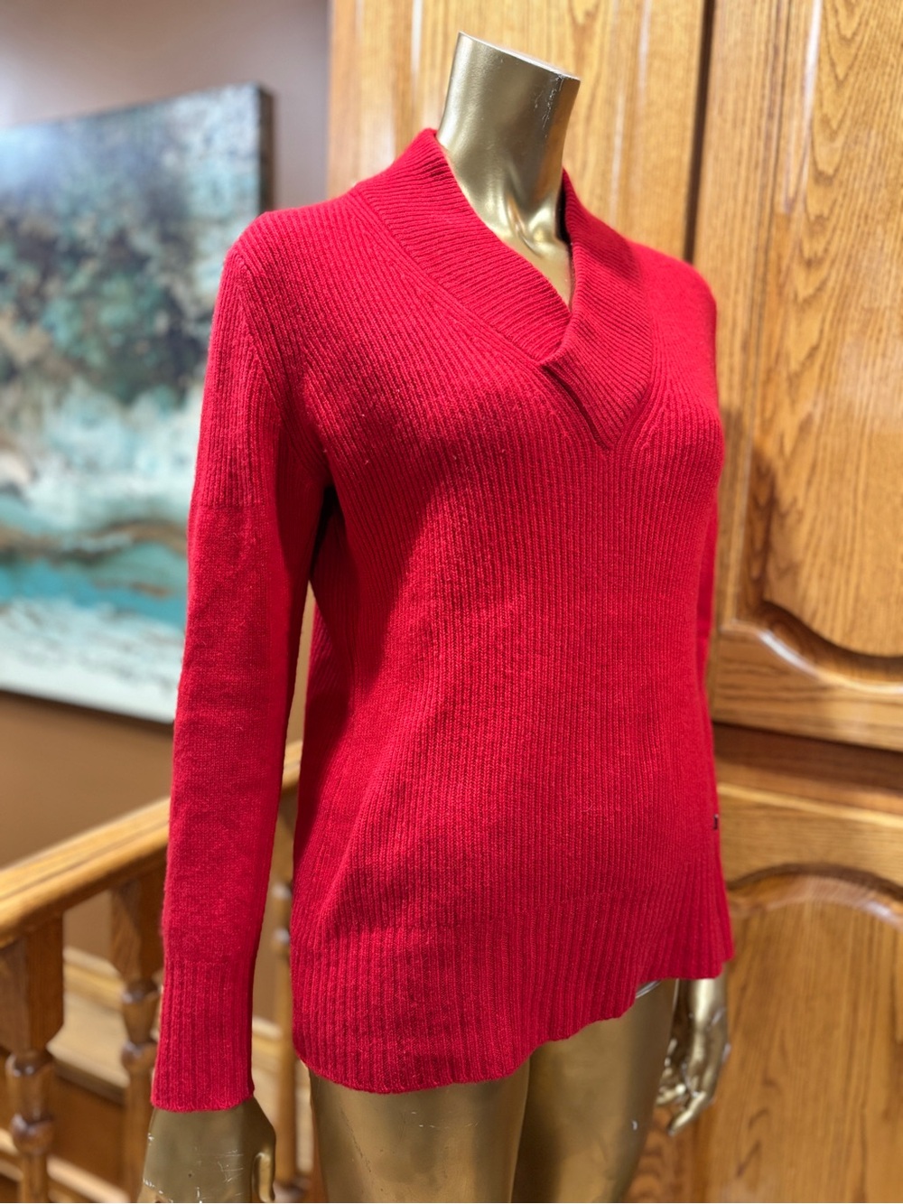 Burberry Red Ribbed Shawl V-Neck Sweater - Picture 3 of 7
